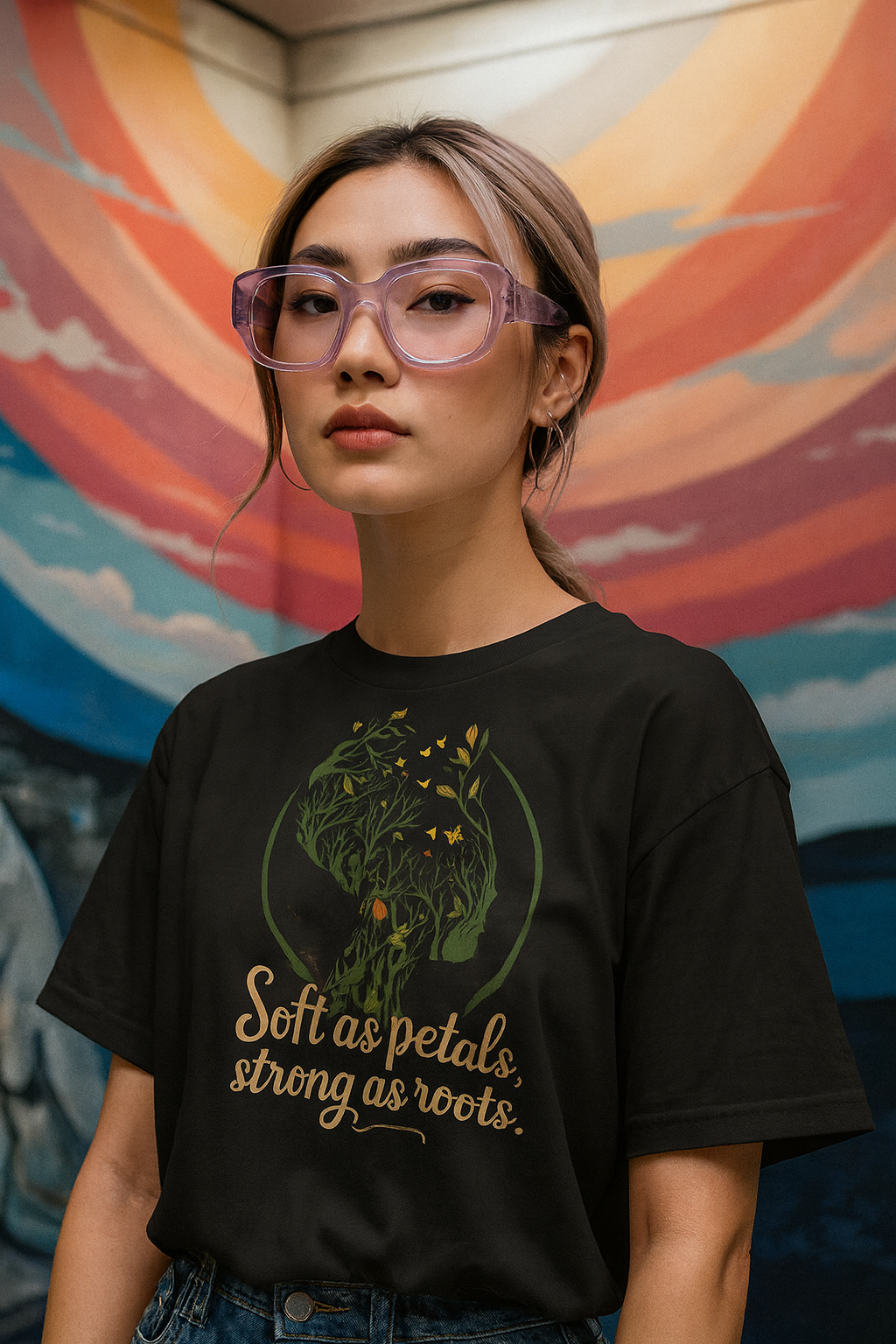 PETALS & SOUL REGULAR PRINTED T-SHIRT: Strong as Roots
