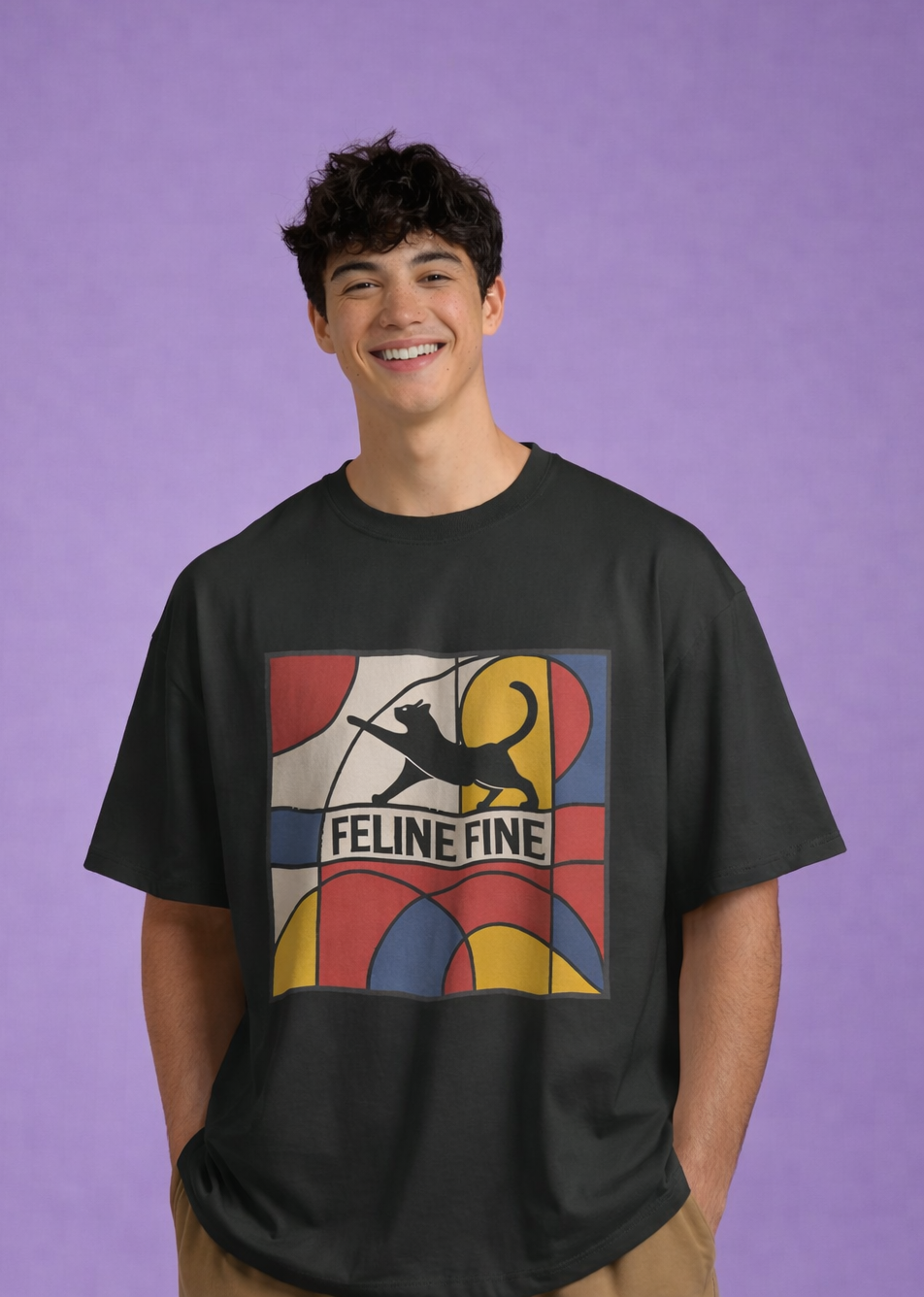 MENS OVERSIZED PRINTED T-SHIRT: Feline Fine