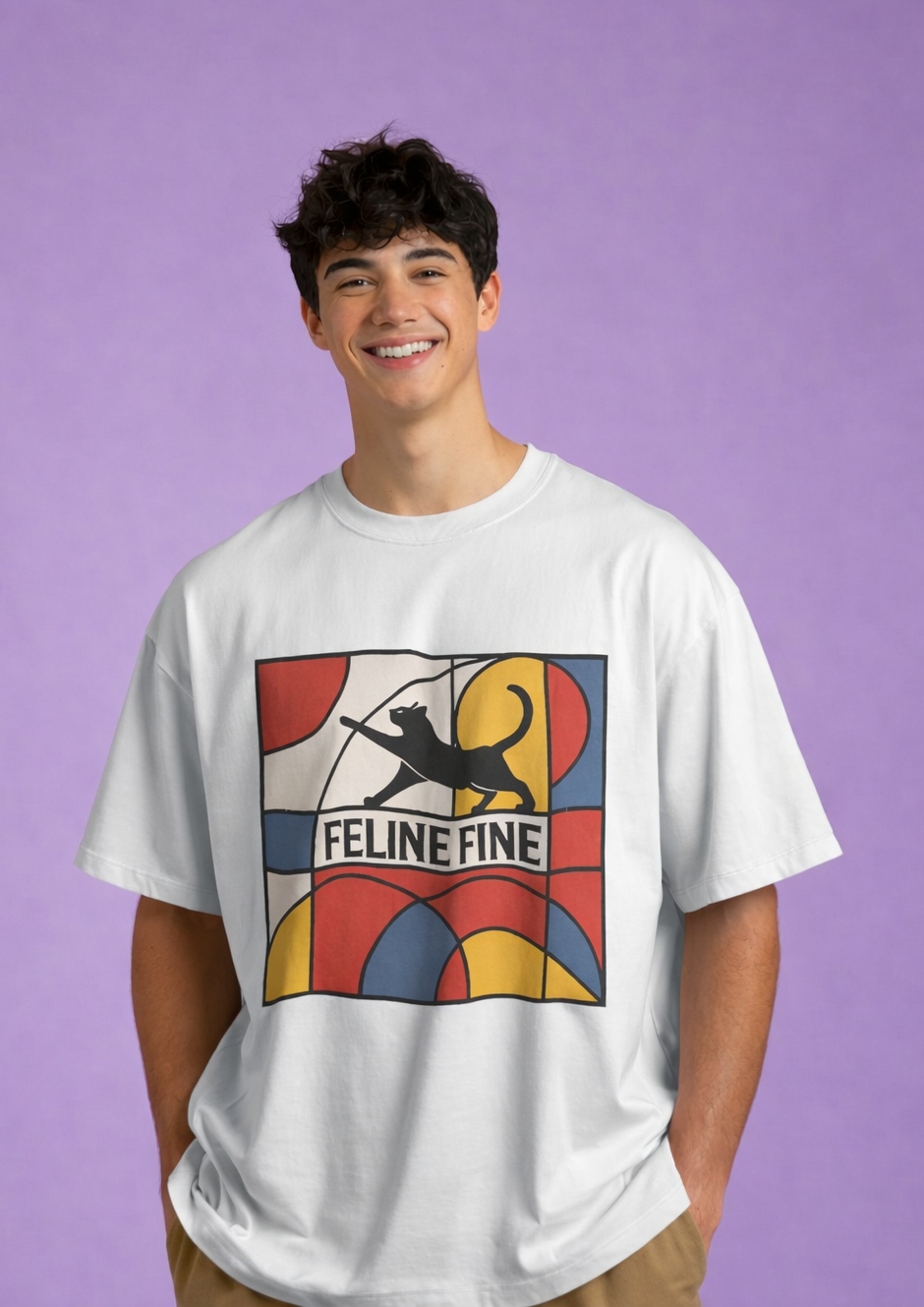 MENS OVERSIZED PRINTED T-SHIRT: Feline Fine
